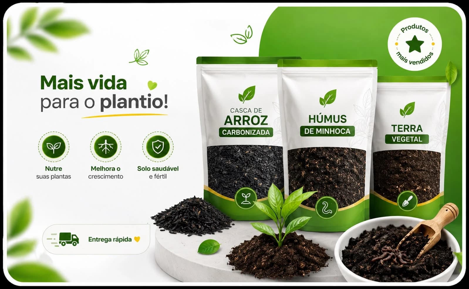 Mais vida para o plantio com casca de arroz carbonizada, húmus de minhoca e terra vegetal
